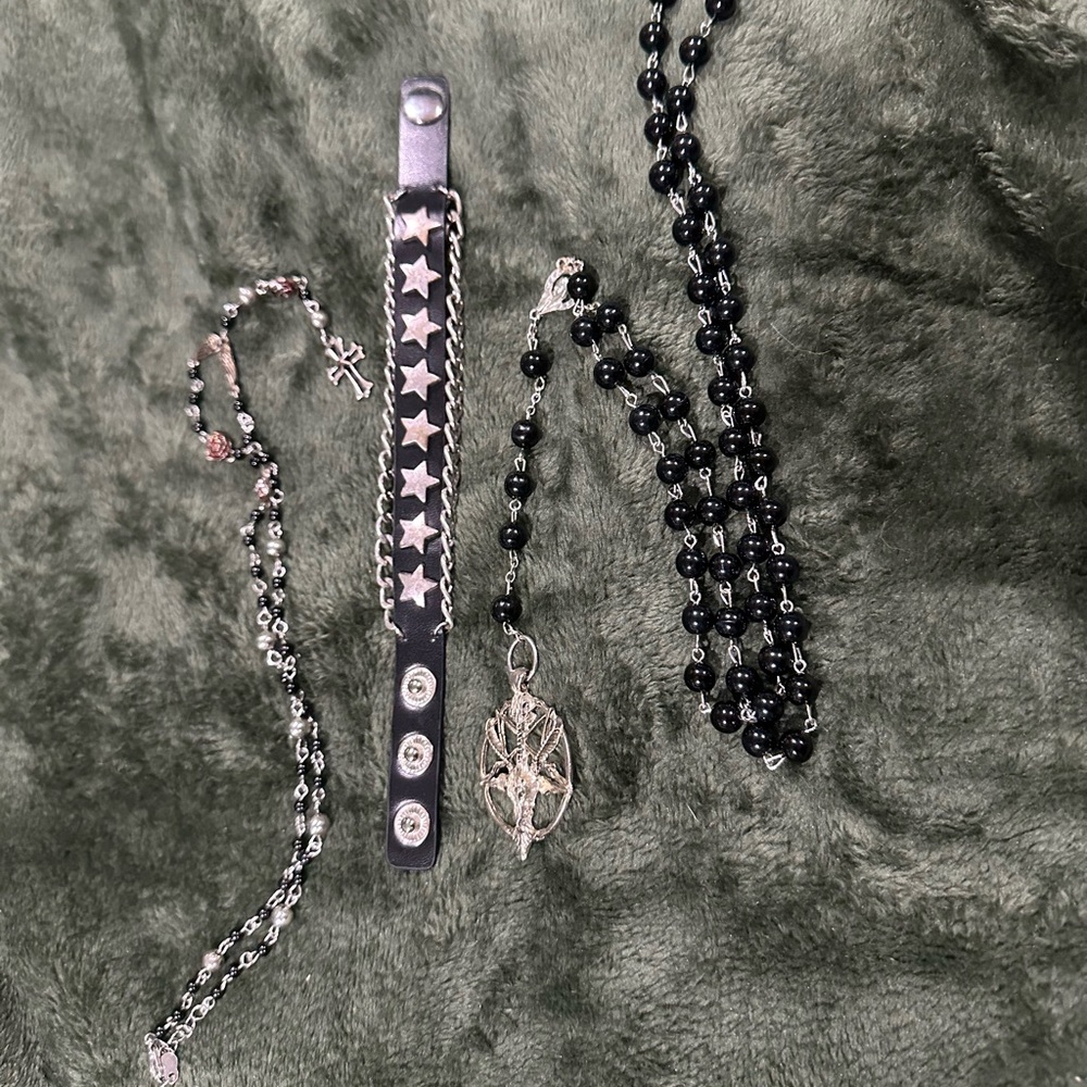 Gothic jewelry bundle, two rosary style necklaces, one faux leather star cuff